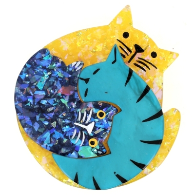 broche chat puzzle brillant jaune turquoise bleu