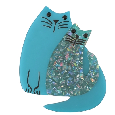broche double chat turquoise et turquoise brillant