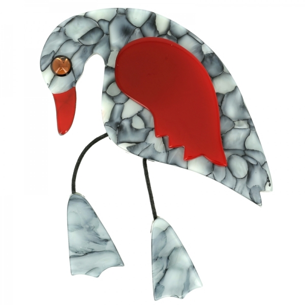 broche oiseau twisty gris marbre et rouge