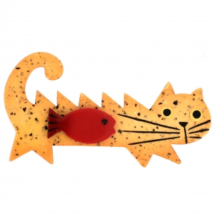 Broche Chat Poisson jaune points rouge