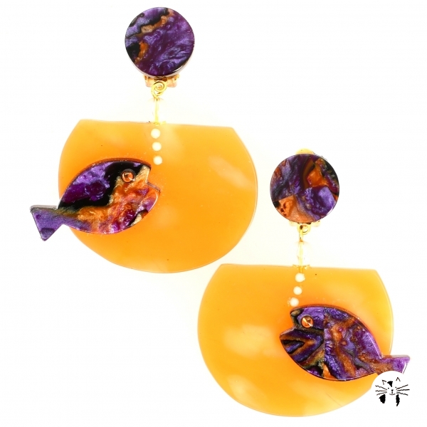 Boucles doreilles Aquarium violet nacre sur orange
